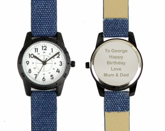 Personalised Black with Blue Canvas Strap Boys Watch, Children's Watch, Birthday Gift, Christmas gift