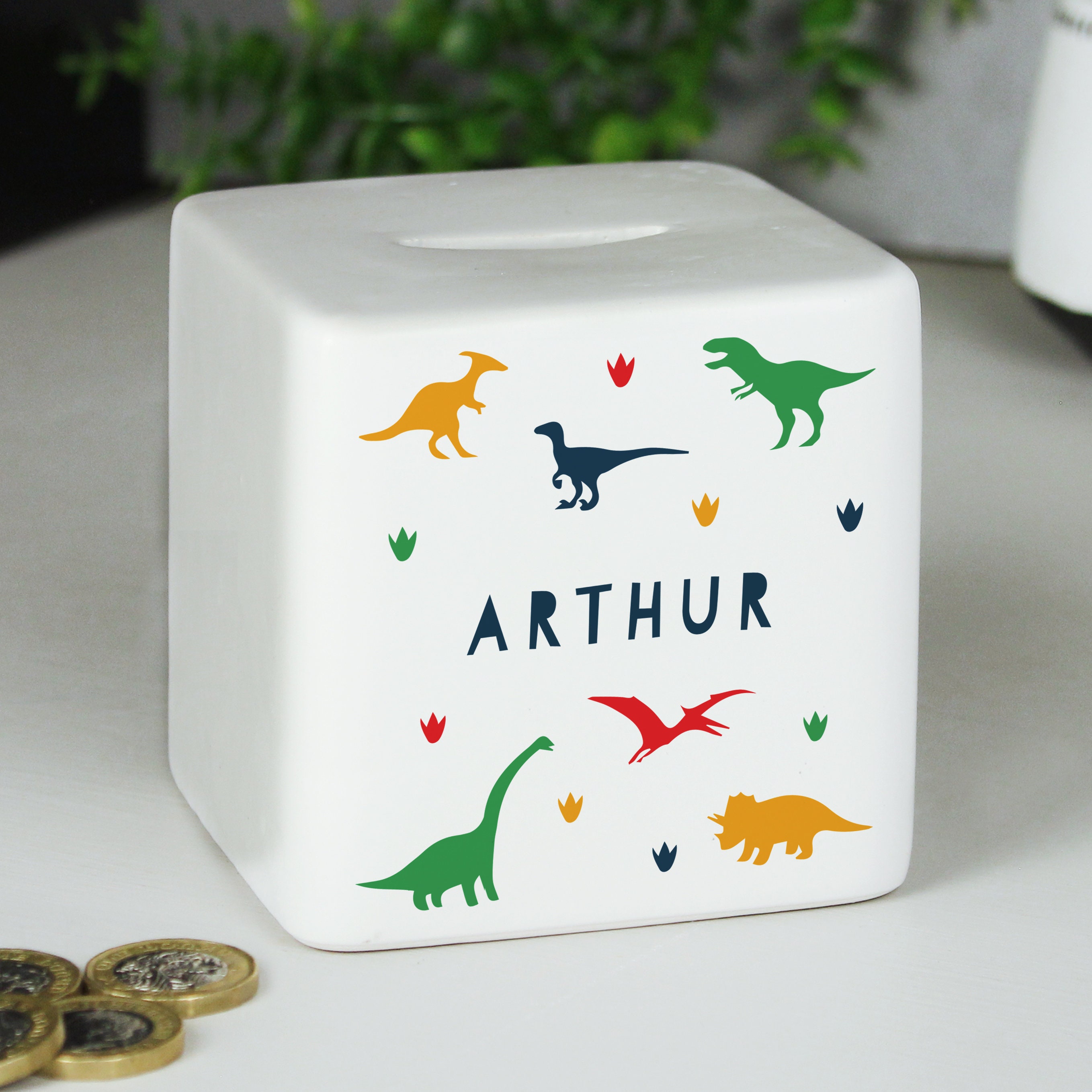 Personalised Dinosaur Ceramic Square Money Box Christening, Birthday Gift, Christmas Gift,