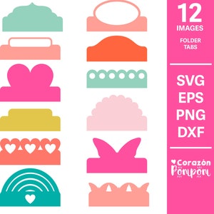 以下が含まれることがあります： ピンク、グリーン、イエロー、ブルーなど、さまざまな色のフォルダタブの12種類のデザイン。デザインには、ハート、サークル、オーバル、レインボーが含まれています。画像の右上隅には、「12 IMAGES FOLDER TABS SVG EPS PNG DXF Corazón Pompón」というテキストがあります。