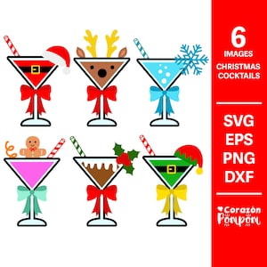 Puede incluir: Seis diseños de cócteles navideños con un vaso de martini con varios elementos festivos, incluyendo un gorro de Papá Noel, cuernos de reno, un copo de nieve, un hombre de jengibre, acebo y un gorro de elfo. Los diseños están en formatos SVG, EPS, PNG y DXF.