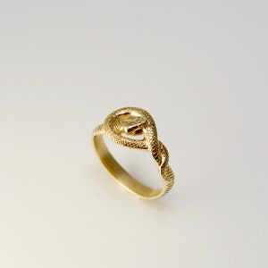 Può includere: Un anello di serpente in oro con un designo di serpente dettagliato. Il serpente è avvolto attorno a se stesso e la testa è rivolta in avanti.