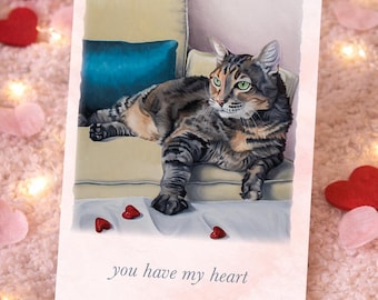 Cute Cat Love Greeting Card, Hand Painted Cat Art Cards for Romantic Occasions, Anniversary Card, Tabby Cat with Hearts Card, Just Because