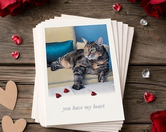 Cat Greeting Cards Set of 10 for Cat Lovers, Hand Painted Romantic Cat Art Love Cards