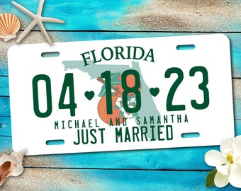 Personalized Florida License Plate, Just Married, Mr Mrs, Bride, Groom, Personalized Gifts, Wedding Gift, Shower Gift, Couples Shower, Tin