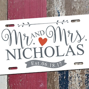 Personalized License Plate, Just Married, Mr Mrs, Bride, Groom, Personalized Gifts, Wedding Gift, Shower Gift, Couples Shower, Car Tag 115P