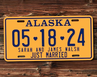 Personalized Alaska License Plate, Just Married, Mr Mrs, Bride, Groom, Personalized Gifts, Wedding Gift, Shower Gift, Couples Shower, Tin