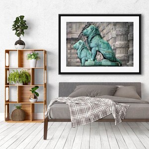 Paris Print, Lion Artwork, Patina Lion Statues Paris, Gray Aqua Wall Art, Gift for Him image 2