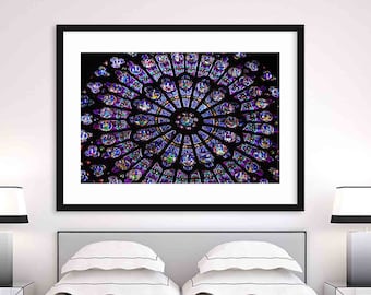 Notre Dame Paris Print, Gothic Rose Window, Stained Glass Print, Paris Photography, Purple Wall Art