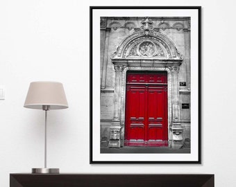 Photograph of Red Door, Paris Print, Door Photography, Gray, Red, Paris Door Wall Art