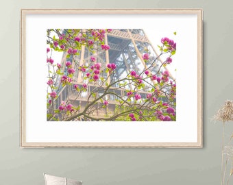 Paris Print, Eiffel Tower Print, Paris Magnolia Photography, Eiffel Tower Wall Art, Beige Pink