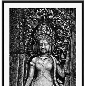 Cambodia Art, Bayon Print, Black and White Travel Photography, Ancient Temple, Stone Carving, Goddess image 1