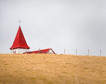 Rustic Wall Decor, Iceland Art, "Red Church" Iceland Photography, Travel Photography, Red and Gold