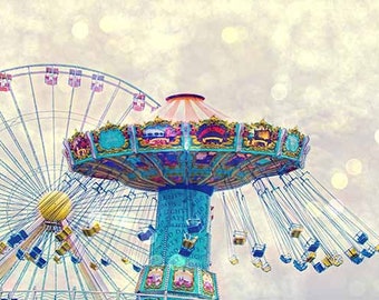 Nursery Wall Art, Carnival Print, Nursery Print, Carousel, Child's Room Art, Teal, Yellow, Red, Purple, Blue, Beach Rides, Bokeh