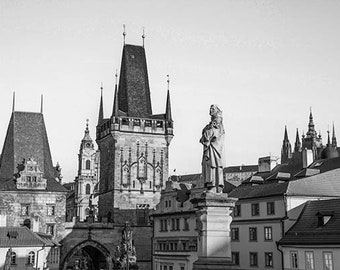 Impresión de Praga, Arte de Praga, Puente de Carlos, Fotografía en Praga en blanco y negro, Medieval, Impresión de viajes, Fotografía de Bellas Artes