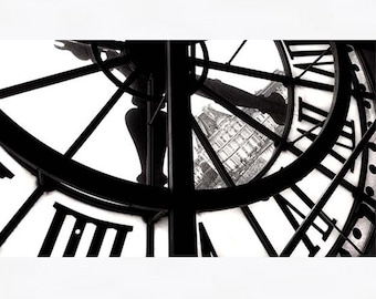 Parijs fotografie, kunst aan de grote Parijse muur, moderne kunst, klok Musée d'Orsay, zwart-witfotografie, kunst aan de muur slaapkamer