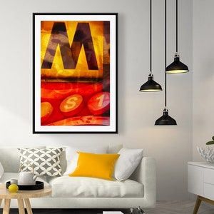 Modern Art, New York Art, NYC Art, M Monogram, NY Metro Sign, NY Subway Red Yellow Black Wall Art