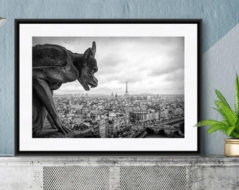 Paris Photography, Gargoyle Notre Dame, Paris Wall Art, Eiffel Tower, Black and White Photography, Travel Photography