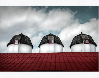 Arte rojo blanco y azul, fotografía de granja, decoración de pared rústica, arte de pared americana, arte de granero, silos, decoración de la granja