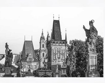 Impresión de Praga, Arte de Praga, Puente de Carlos, Fotografía de Praga, Medieval, Impresión de Viajes, Fotografía de Bellas Artes en Blanco y Negro