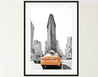 New York City Print, Flatiron Building, Yellow Taxi, Black and white NYC Wall Art, NYC Print, Large Living Room Wall Art