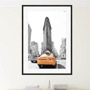 New York City Print, Flatiron Building, Yellow Taxi, Black and white NYC Wall Art, NYC Print, Large Living Room Wall Art