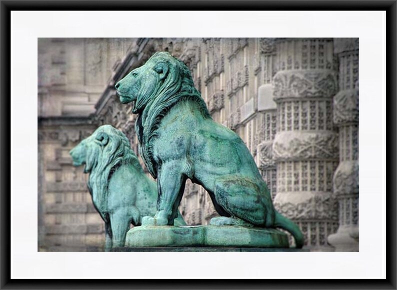 Paris Print, Lion Artwork, Patina Lion Statues Paris, Gray Aqua Wall Art, Gift for Him image 6