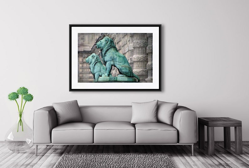 Paris Print, Lion Artwork, Patina Lion Statues Paris, Gray Aqua Wall Art, Gift for Him image 1