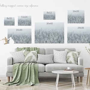 May include: A white wall with a variety of gallery-wrapped canvas sizes displayed. The canvases feature a snowy forest scene. The text "Gallery-wrapped canvas size reference" is displayed at the top of the image.