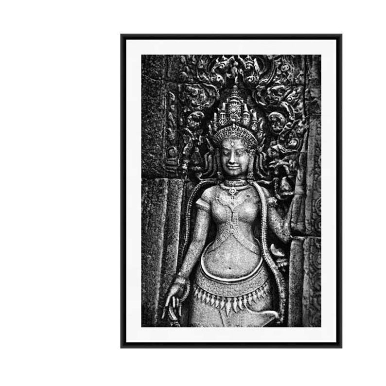Cambodia Art, Bayon Print, Black and White Travel Photography, Ancient Temple, Stone Carving, Goddess image 1