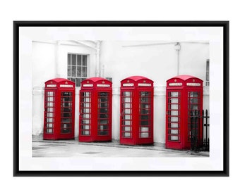 London Print, Red Telephone Booths, London Art, Black and White Fine Art Photography, Travel Photography, Large Wall Art