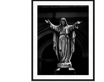 New Orleans Fotografie, Jezus Standbeeld, Fine Art Fotografie, Zwart en Wit, Grijs, NOLA Art, Religieuze Muur Kunst, Home Decor