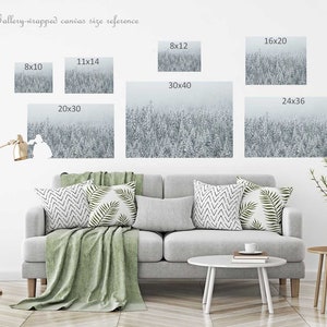 May include: A white wall with a variety of gallery-wrapped canvas sizes displayed. The canvases feature a snowy forest scene. The text "Gallery-wrapped canvas size reference" is displayed at the top of the image.