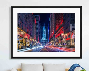 Philadelphia Print, Philly Art, Philly Art, City Prints, Colorful Wall Art, Night, Red, Blue, Purple, City Hall