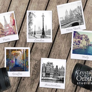 May include: A collage of vintage Polaroid photos featuring iconic landmarks from around the world, including the Eiffel Tower in Paris, Big Ben in London, the Brooklyn Bridge in New York City, the canals of Amsterdam, a graffiti-covered tunnel, and a coastal view of Italy.