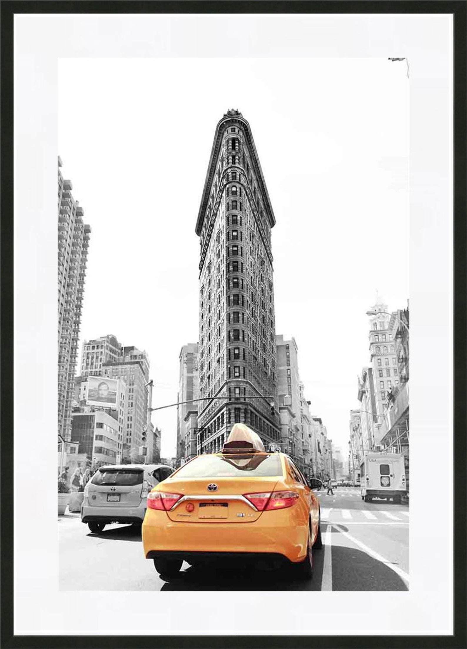 New York City Print, Flatiron Building, Yellow Taxi, Black and White ...