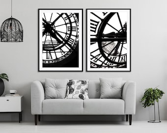 Large Living Room Wall Art, Paris Print Set, Black and White Photography Set, Modern Art, Orsay Museum Clock