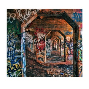Graffititryck, Urban inredning, Valvgångar, Graffitikonst, Övergiven, Urban Decay, Färgglad, Varma färger, Blå, Röd, Brun, Heminredning bild 1