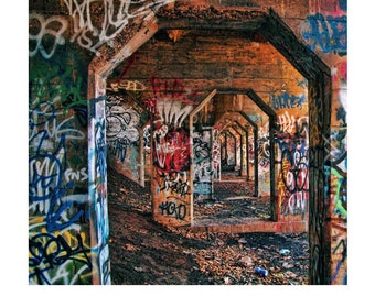 Graffiti Print, Urban Decor, Archways, Graffiti Art, Abandoned, Urban Decay, Colorful, Warm Colors, Blue, Red, Brown, Home Decor