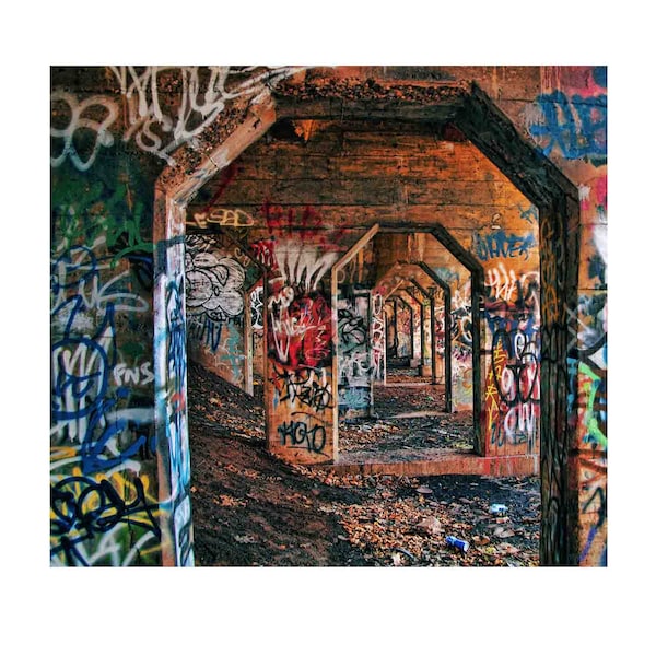 Graffiti Print, Urban Decor, Archways, Graffiti Art, Abandoned, Urban Decay, Colorful, Warm Colors, Blue, Red, Brown, Home Decor