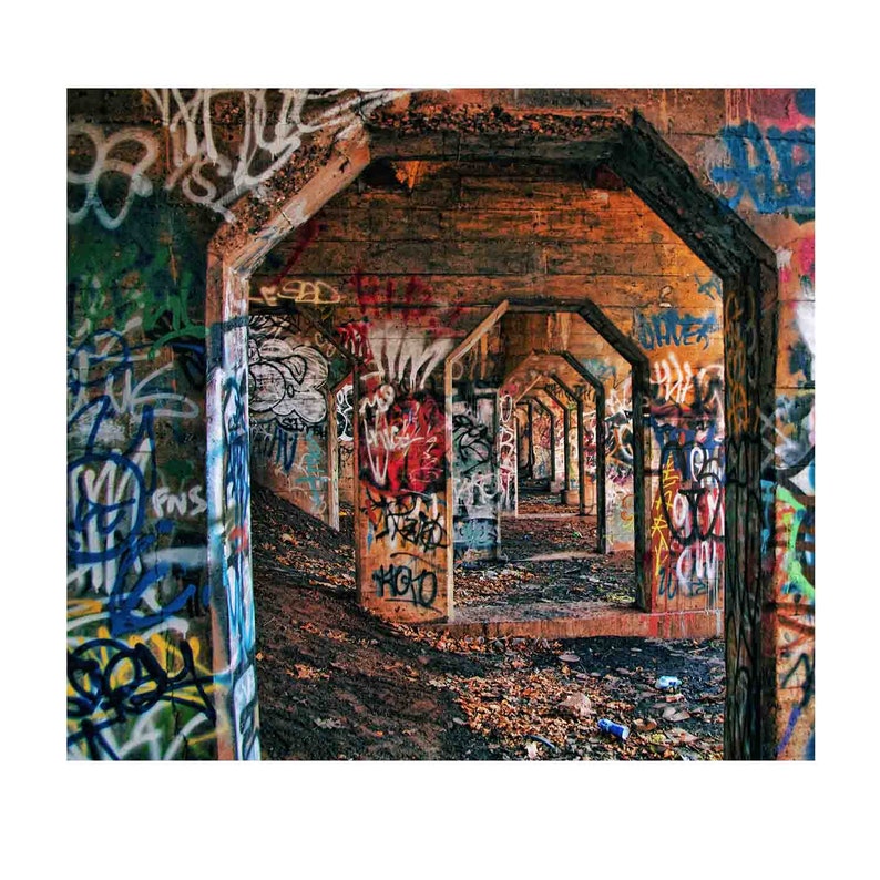Graffititryck, Urban inredning, Valvgångar, Graffitikonst, Övergiven, Urban Decay, Färgglad, Varma färger, Blå, Röd, Brun, Heminredning bild 1
