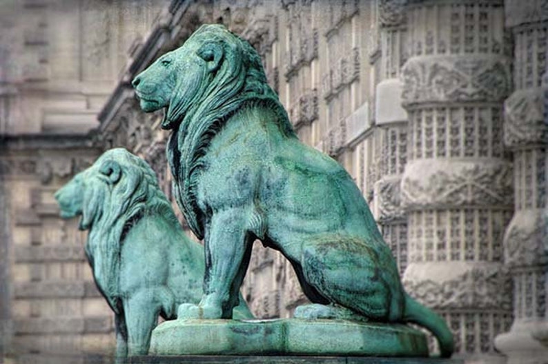 Paris Print, Lion Artwork, Patina Lion Statues Paris, Gray Aqua Wall Art, Gift for Him image 4