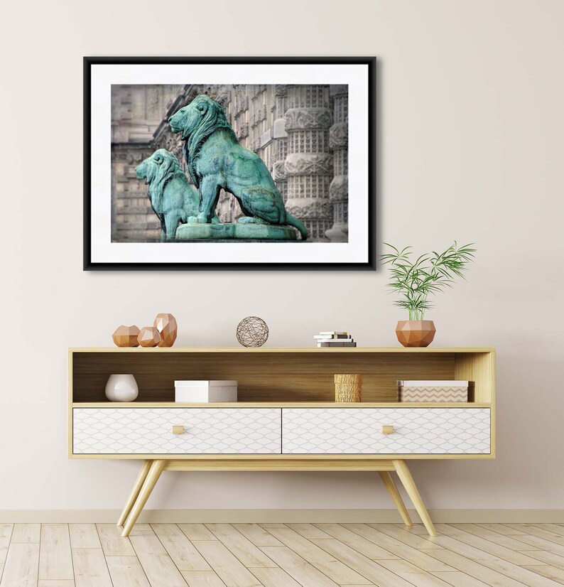 Paris Print, Lion Artwork, Patina Lion Statues Paris, Gray Aqua Wall Art, Gift for Him image 3