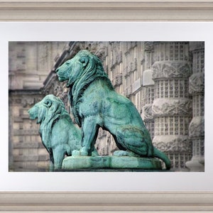 Paris Print, Lion Artwork, Patina Lion Statues Paris, Gray Aqua Wall Art, Gift for Him image 5