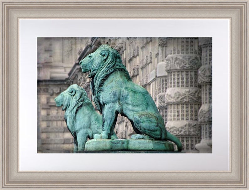 Paris Print, Lion Artwork, Patina Lion Statues Paris, Gray Aqua Wall Art, Gift for Him image 5
