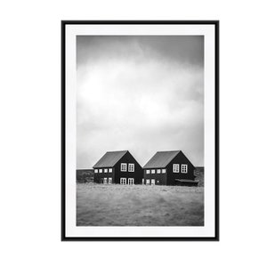 Iceland Print, Iceland Photography, Black and White Art, BW Photography, Travel Photography, Iceland Art, Landscape Print, Two Houses