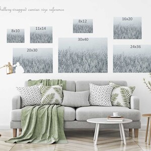 May include: A white wall with a variety of gallery-wrapped canvas sizes displayed. The sizes are 8x10, 11x14, 20x30, 8x12, 30x40, 16x20, and 24x36 inches. The canvases are all of a snowy forest scene.