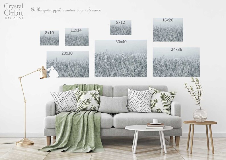 May include: A white wall with a variety of gallery-wrapped canvas sizes displayed. The sizes are 8x10, 11x14, 20x30, 8x12, 30x40, 16x20, and 24x36 inches. The canvases are all of a snowy forest scene.