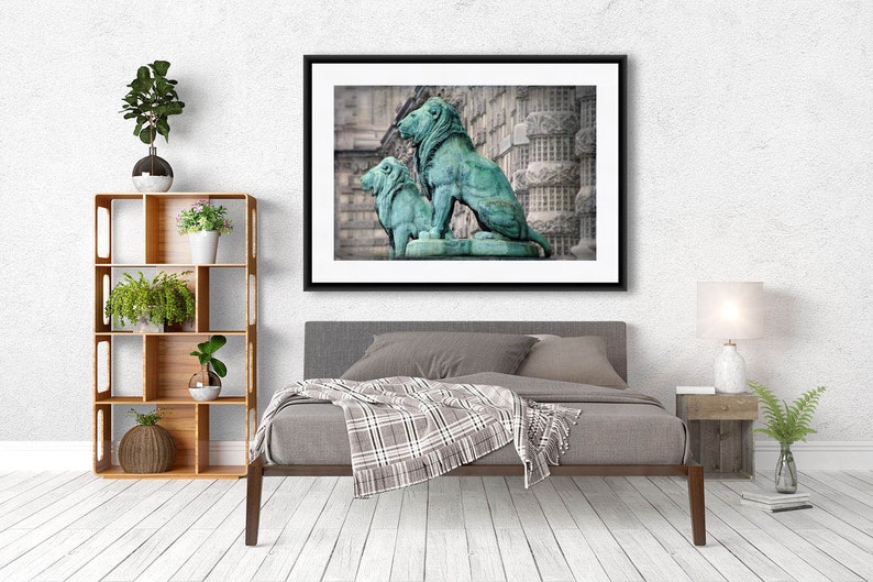 Paris Print, Lion Artwork, Patina Lion Statues Paris, Gray Aqua Wall Art, Gift for Him image 2