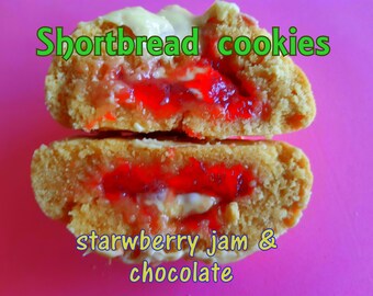 Shortbread cookie stuffed with strawberry jam and white chocolate-Giant Cookie recipe-Stuffed Cookies-Gourmet Cookies-Homemade cookies