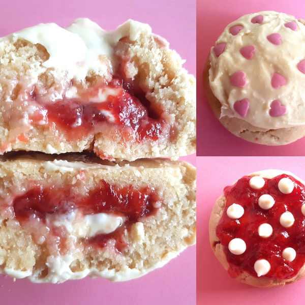 Shortbread cookie stuffed with strawberry jam and white chocolate-Giant Cookie recipe-Stuffed Cookies-Gourmet Cookies-Homemade cookies